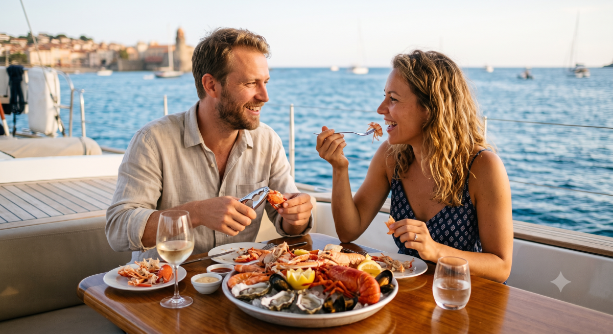 Couple dégustant un plateau de fruits de mer lors d'un dîner romantique en mer à La Trinité sur Mer avec Prestige Signature