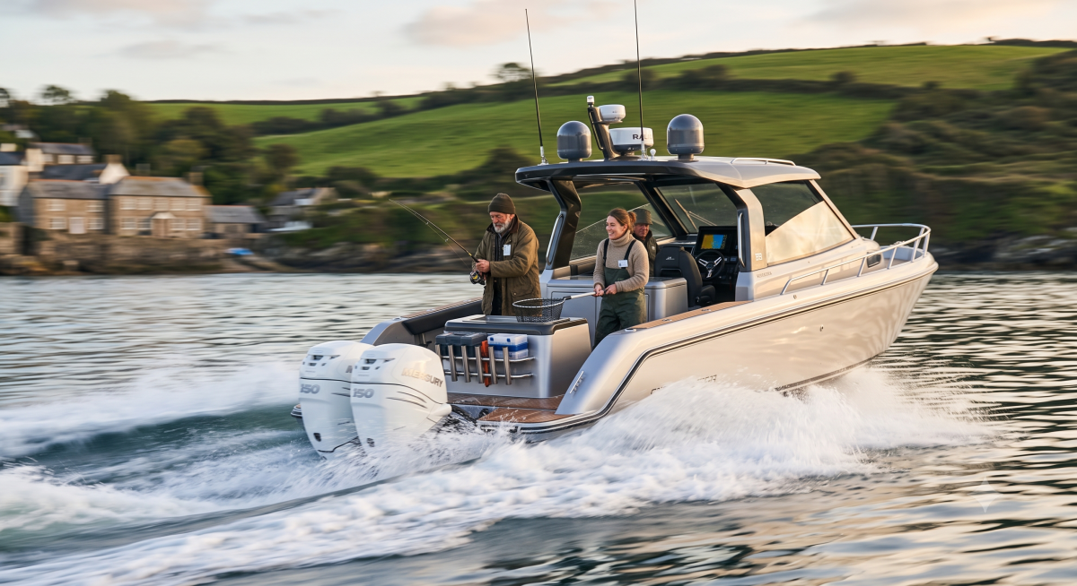 Bateau à moteur en pleine navigation pour une sortie pêche sportive à La Trinité sur Mer avec Prestige Signature