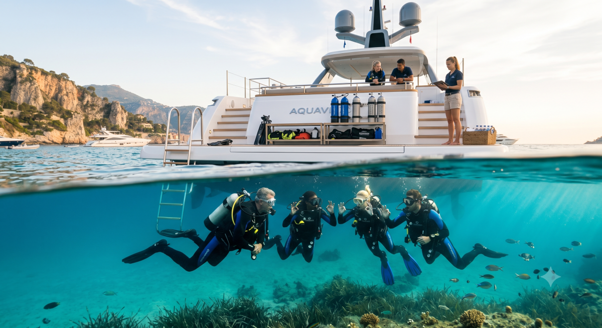 Groupe de plongeurs explorant les fonds marins après une sortie en bateau à La Trinité sur Mer