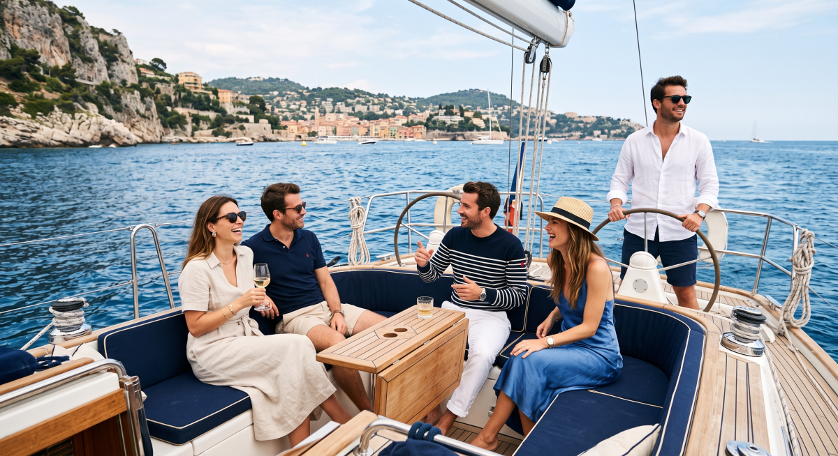 Moment convivial lors d'un apéro en mer à bord d'un voilier au départ de La Trinité sur Mer