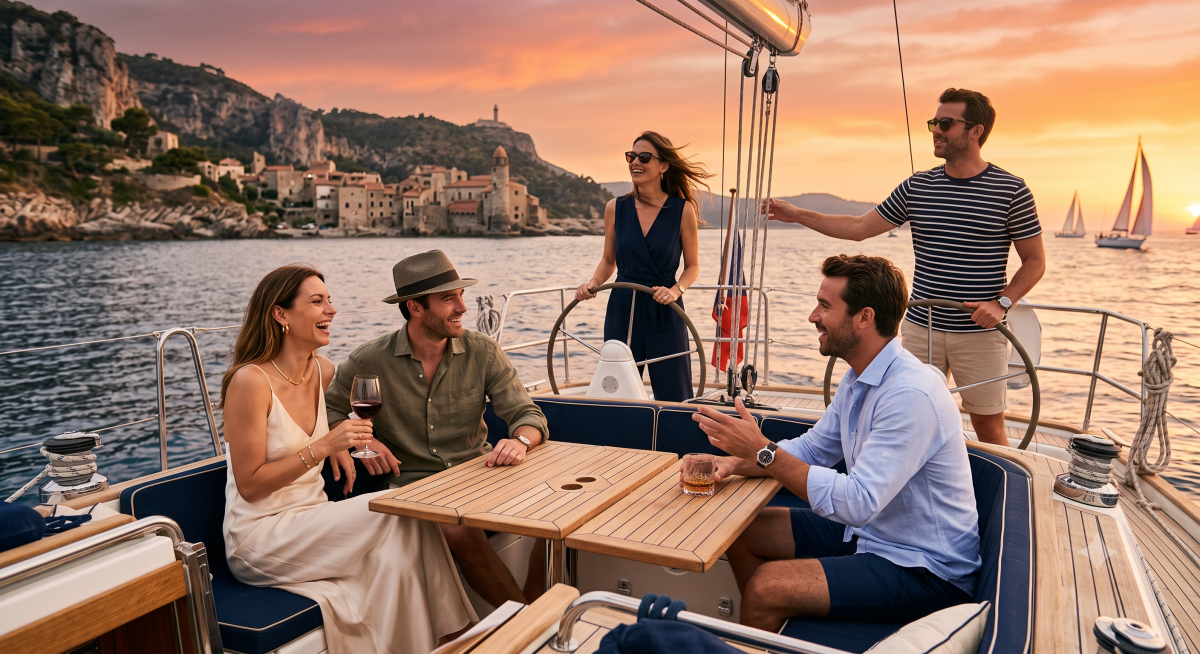 Apéritif au coucher du soleil sur un voilier lors d'une sortie en mer à La Trinité sur Mer avec Prestige Signature