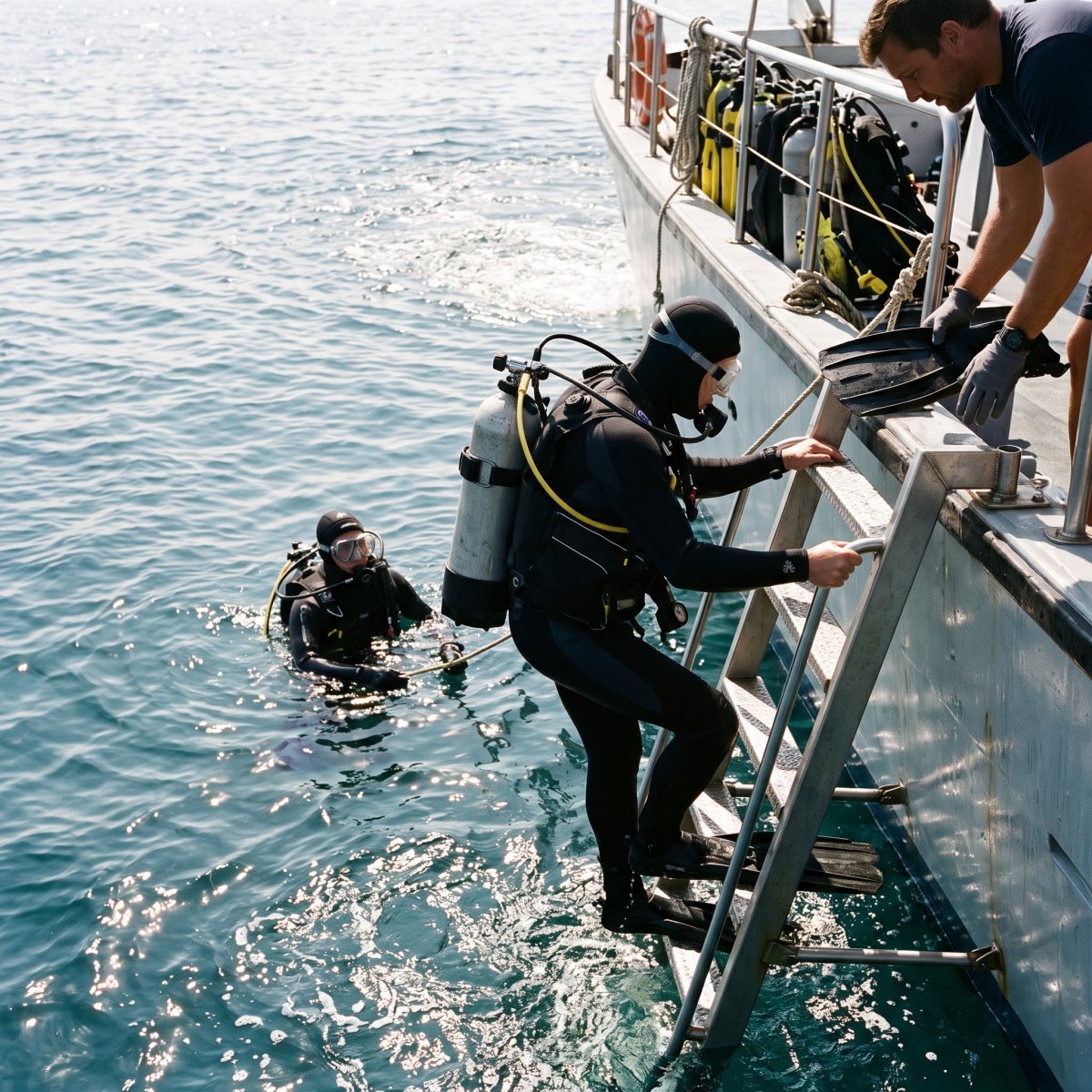 Exploration Sous-Marine - Prestige Signature Groupe de plongeurs explorant les fonds marins après une sortie en bateau à La Trinité sur Mer